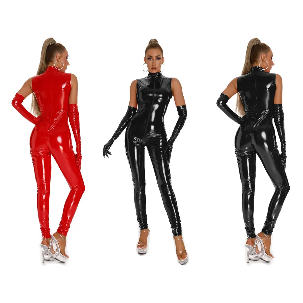 

Double Zipper Open Crotch Erotic Faux Leather Catsuit Jumpsuits Women Sexy PVC Latex Bodysuit Night Club Party Latex Bodysuit