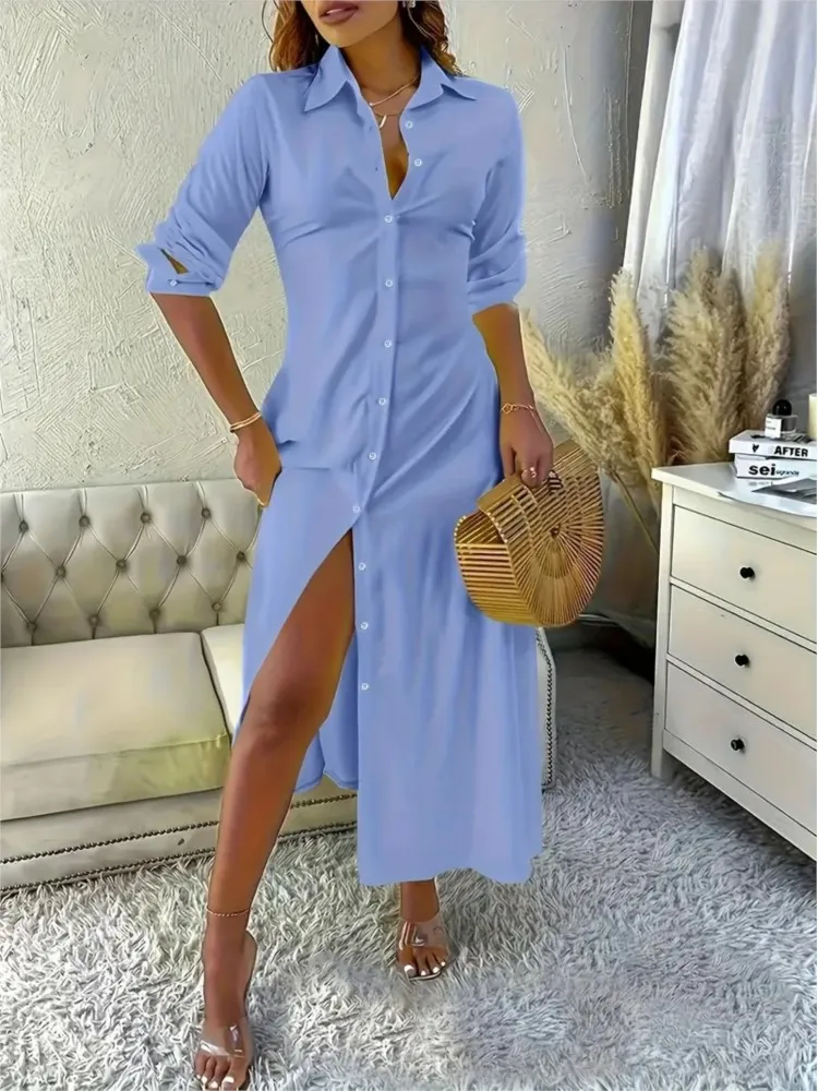 가을 우아한 롱 드레스 여성 기질 새로운 패션 캐주얼 솔리드 컬러 라펠 긴 소매 셔츠 버튼 사다리 여성용