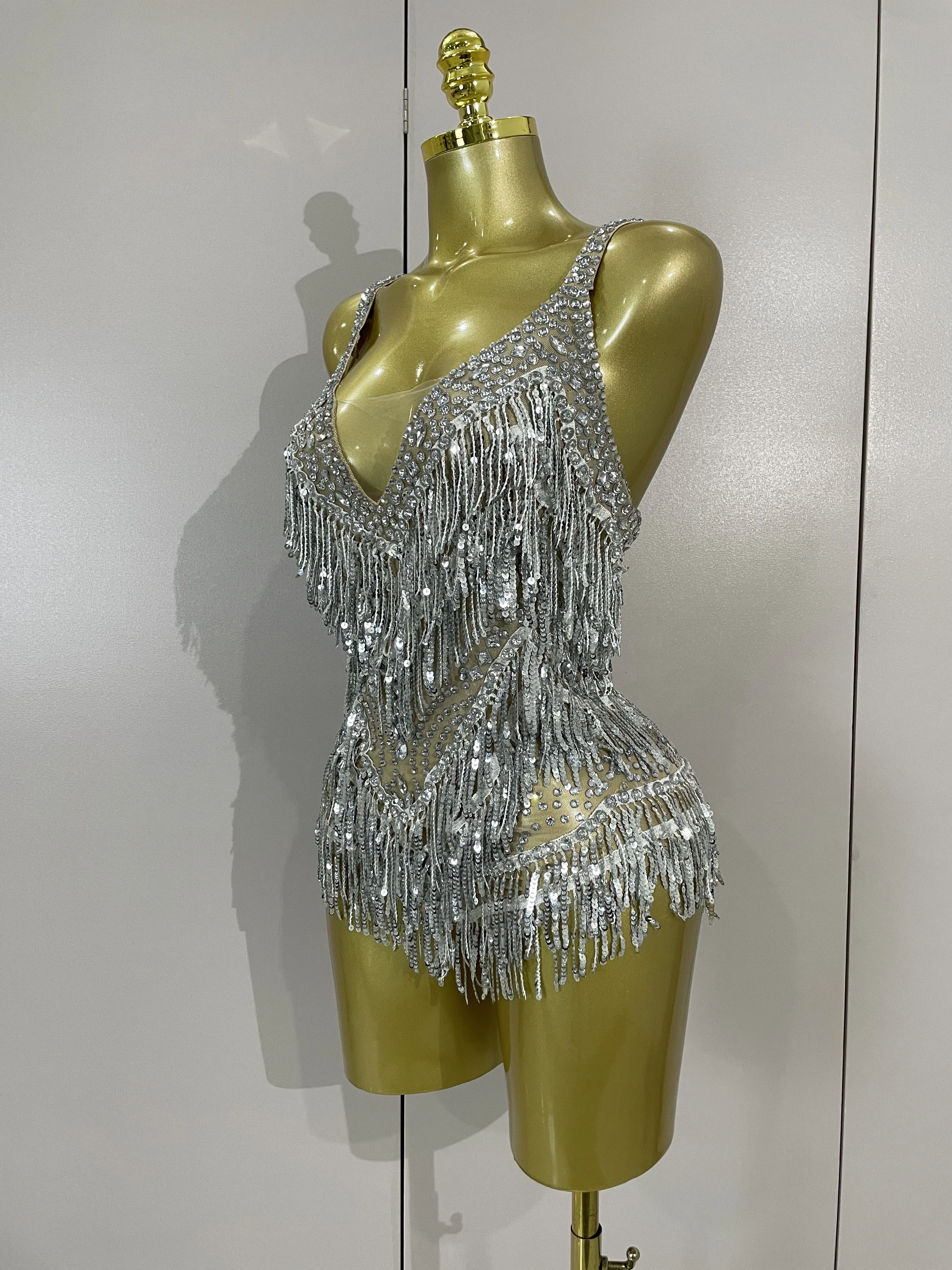2025 Luxury Sparkly Rhinestones Sequins Tassel Mesh Bodysuits Women Celebrate Birthday Party Nightclub Bar Dencer Stage Costume