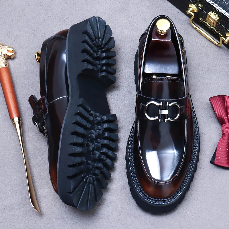 Punk Loafers Men\'s Business Shoes Thick Soles Round Toe Genuine Leather Causual Shoe Height Increase British Style Big Head Shoe
