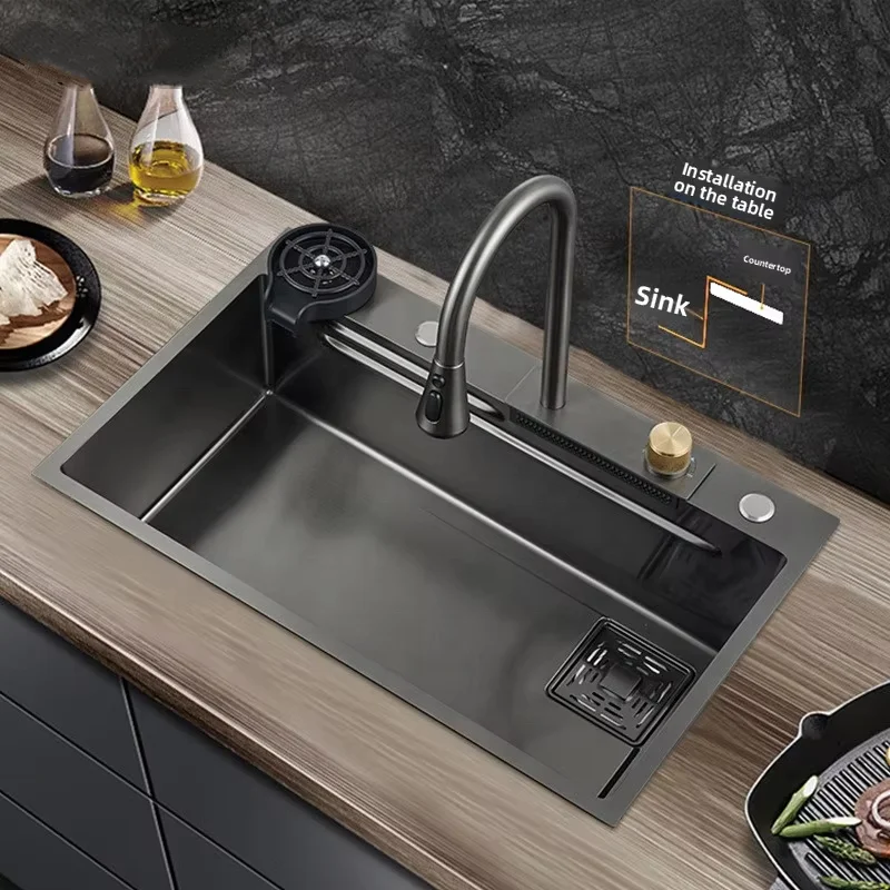 Custom Black Stainless Steel Single Kitchen Sink 29.5 X 17.7in Topmount Workstation Three Square Cup Washer Accessory Waterfall