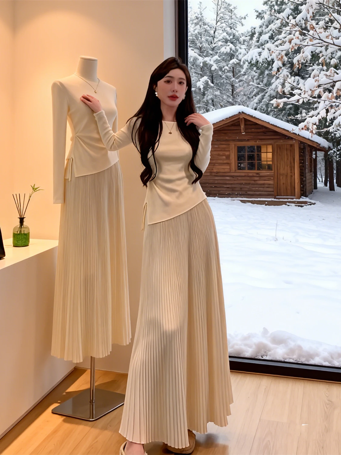 

Elegant Gentle Early Spring Asymmetrical Top And Skirt Two-Piece Set Classic Preppy Style Long Sleeve High Waist Color