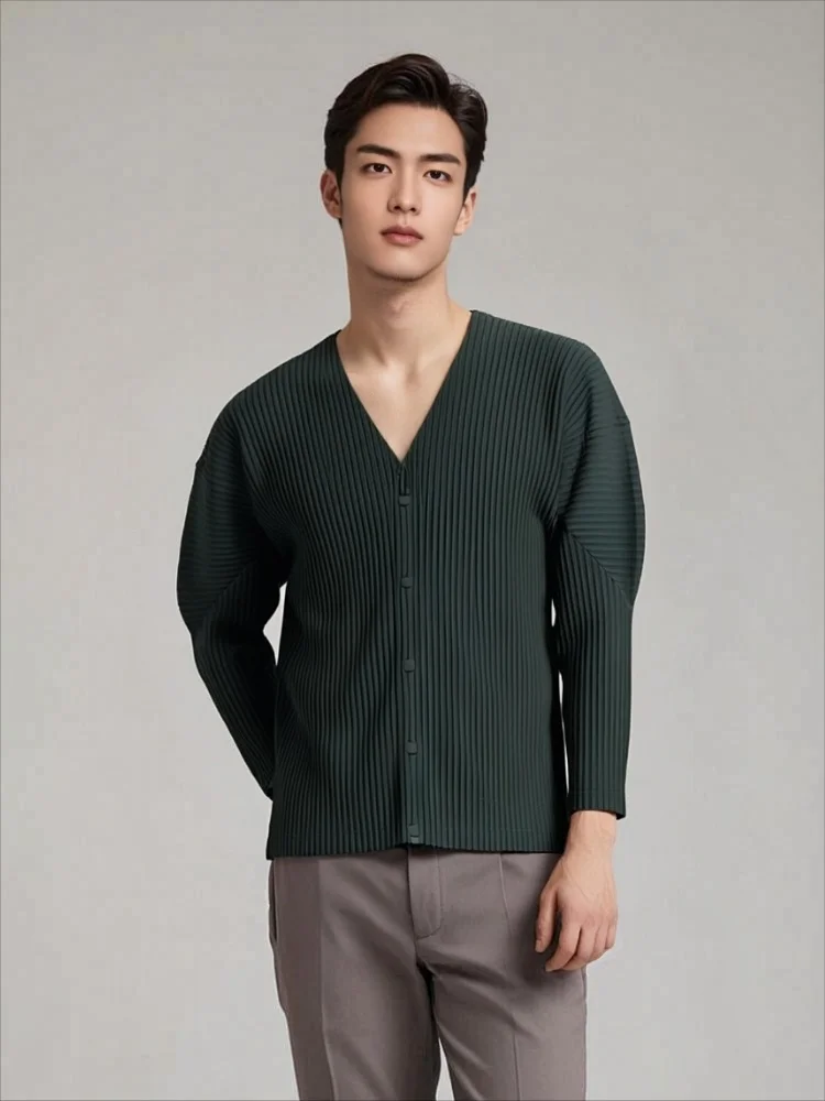 

Плиссированная куртка-кардиган без воротника Miyake 2025 года для весенне-осенней повседневной мужской одежды, куртка с v-образным вырезом для деловых поездок на работу