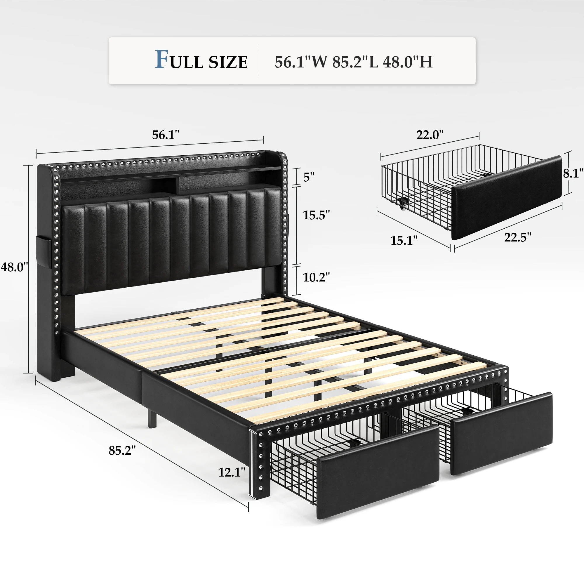 King Size Bed Frame with 2 Storage Drawers & 2-Tier Headboard,Black 2 side pockets, PU Leather Upholstered, 1000lbs Heavy Duty for Apartment, Noise-Free, Easy Assembly