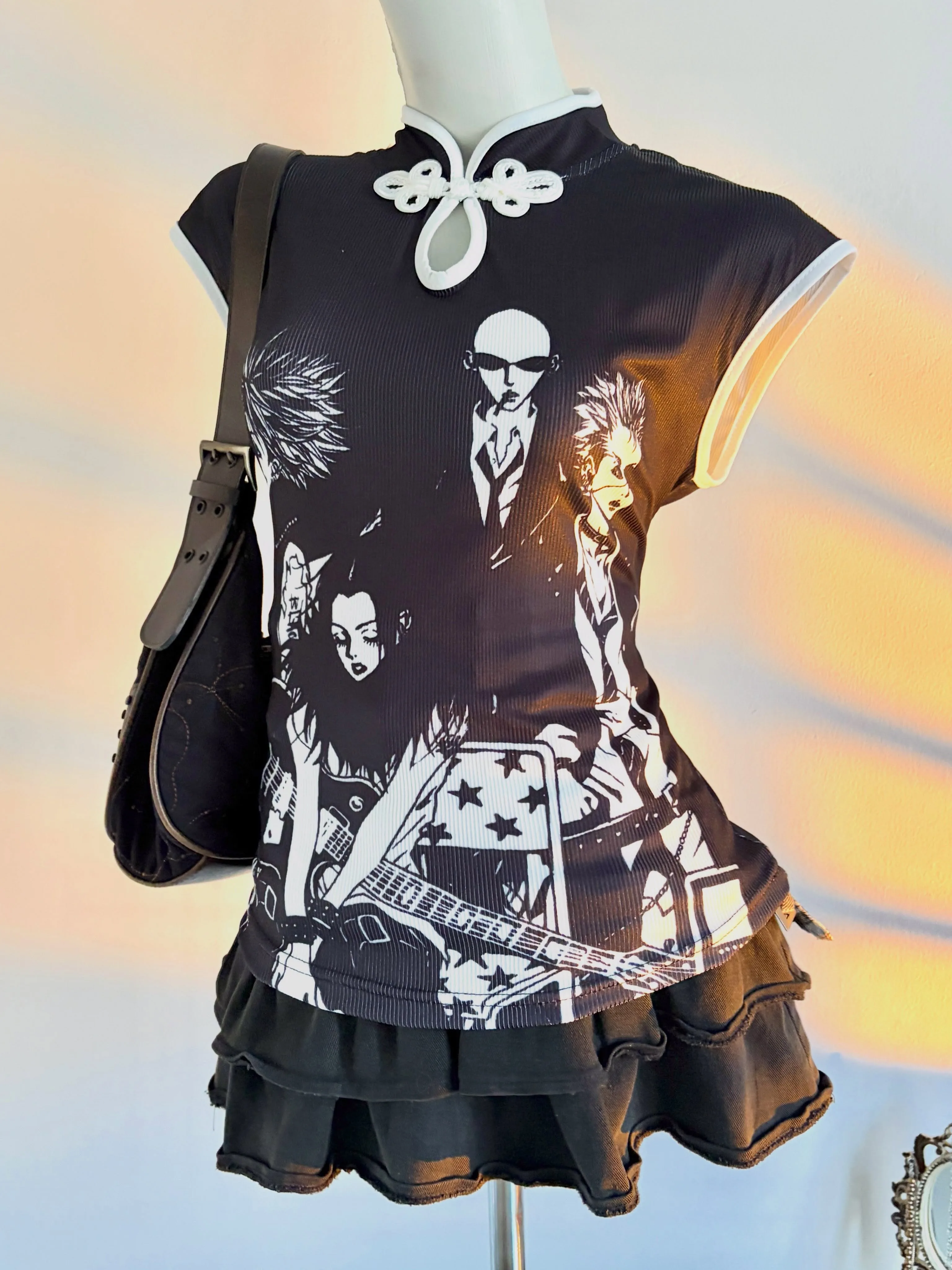 Y2K Women Sleeveless Cheongsam Top NANA Anime Band Print Frog Button Slim Fit Chinese Style Cropped Tank Tee