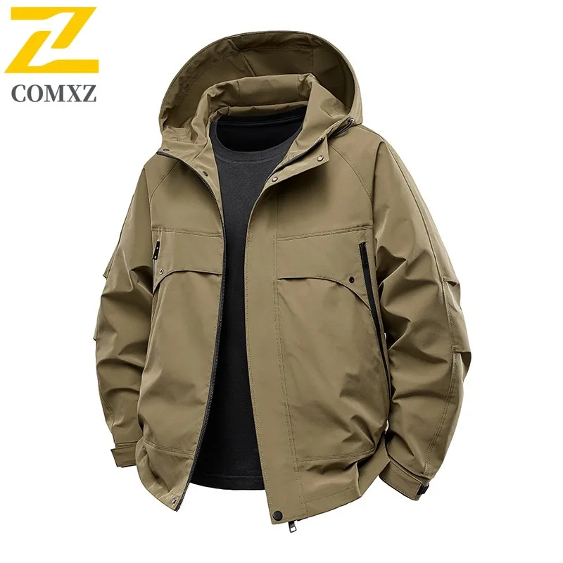 

COMXZ 2025, мужская и женская ветровка для пар, водонепроницаемая, с капюшоном, повседневное, универсальное, унисекс, ветрозащитное пальто для пешего туризма, осенняя мода