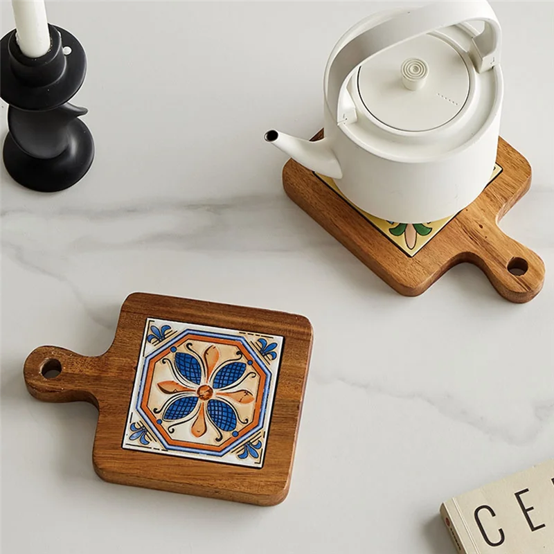 A69esolid Wood Tile Insulation Pot Mats, Home Retro Placemats, High Temperature Resistant Kitchen Table Mats Coasters