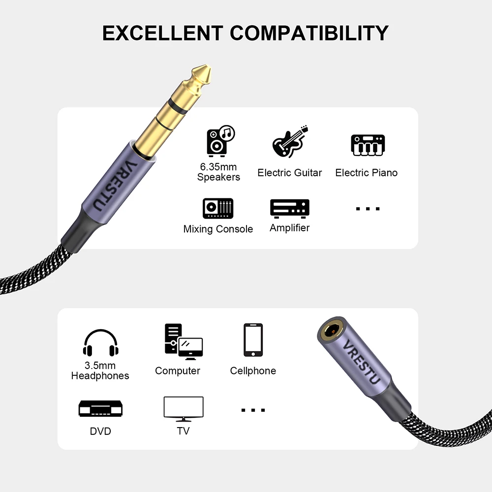 6.35mm Male to 3.5mm Female Headphone Connector Amplifier Stereo Audio Adapter Cable for Microphone Speakers Guitar Jack 6.5 TRS