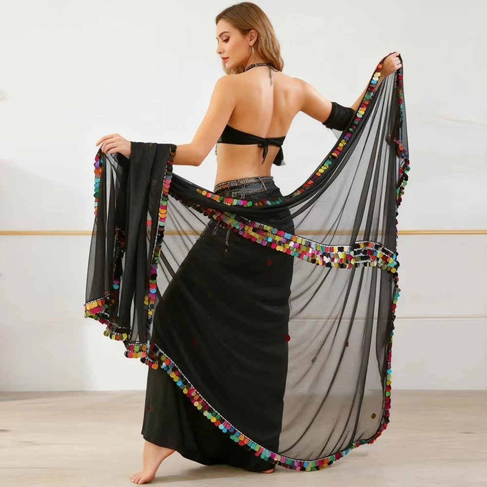 New Belly Dance Malaya Chiffon Sequined Hand-hold Veil Dance Stage Performance Throw Veils