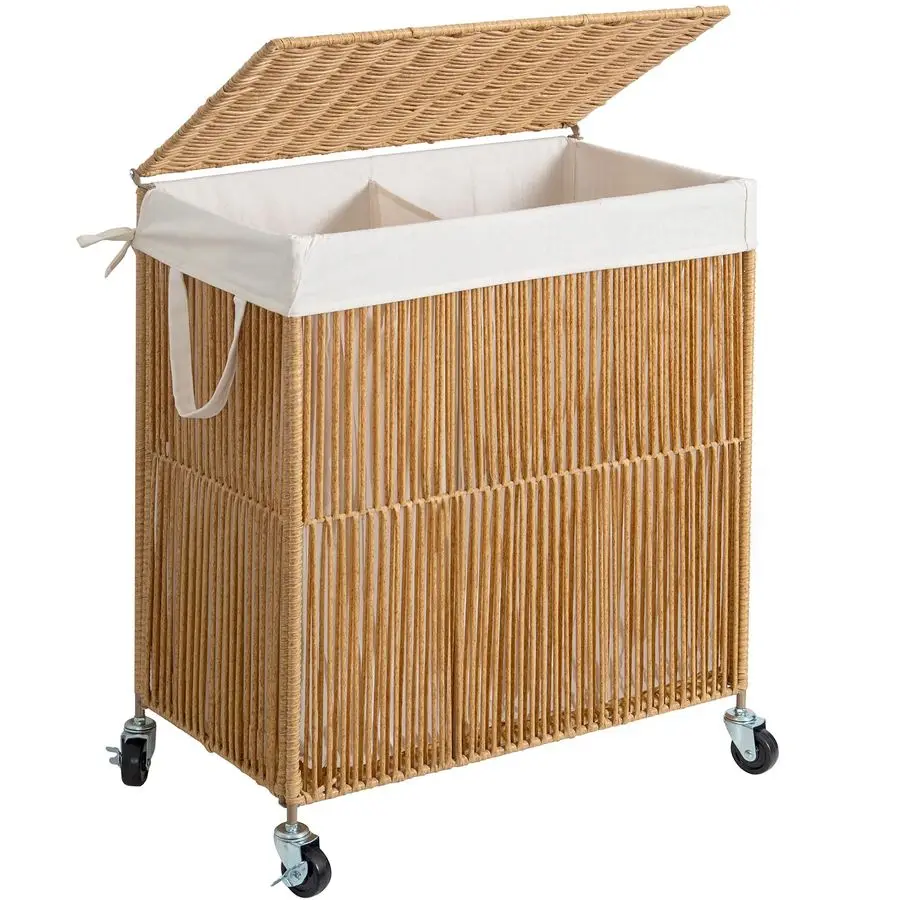 

Laundry Hamper with Wheels, Handwoven Rolling Laundry Basket with Lid, Clothes Hamper with Divided Removable Liner Bag, 115L Lar