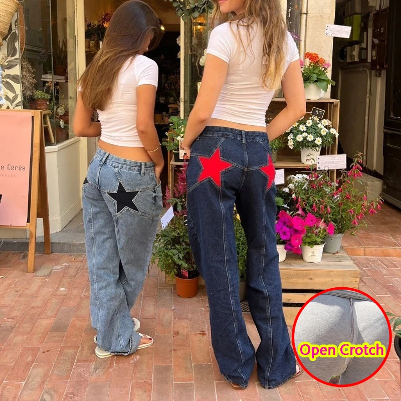 Woman Open Crotch Jeans Pants American Star Spangled Hidden Zipper Wide Leg Jeans Retro Colorful Crotchless Pants for Daily Wear