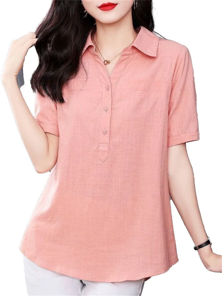 5XL Women Spring Summer Blouses Shirts Lady Fashion Casual Short Sleeve Turn-down Colla Solid Color Blusas Tops TT2065