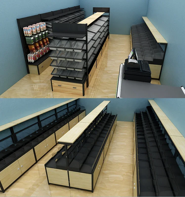 Supermarket bulk goods, bulk snacks, dried fruits, candy and convenience store display shelves