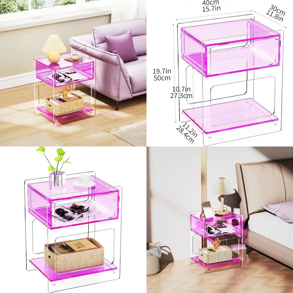 

Clear Acrylic Living Room Side Table and Bedroom Nightstand, L-Series, 15.7 x 11.8 x 19.7 inches, Pink