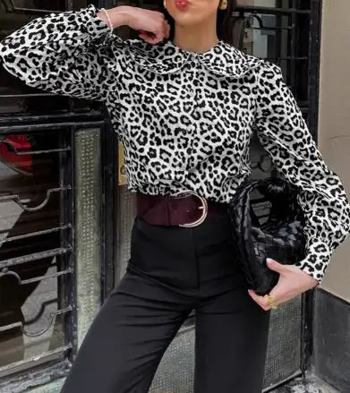 

2025 New Fashion Women's Leopard Print Cotton Lapel Shirt Daily Clothing Temperament Commuting Woman Long Sleeve Casual Top