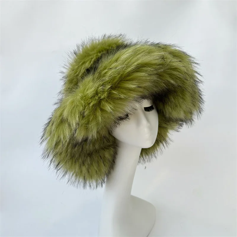 Winter Warm Faux Fur Bucket Hats For Women Girl Big Faux Fur Fluffy Luxury Plush Fisherman Caps Fashion Outdoor Ski Hat