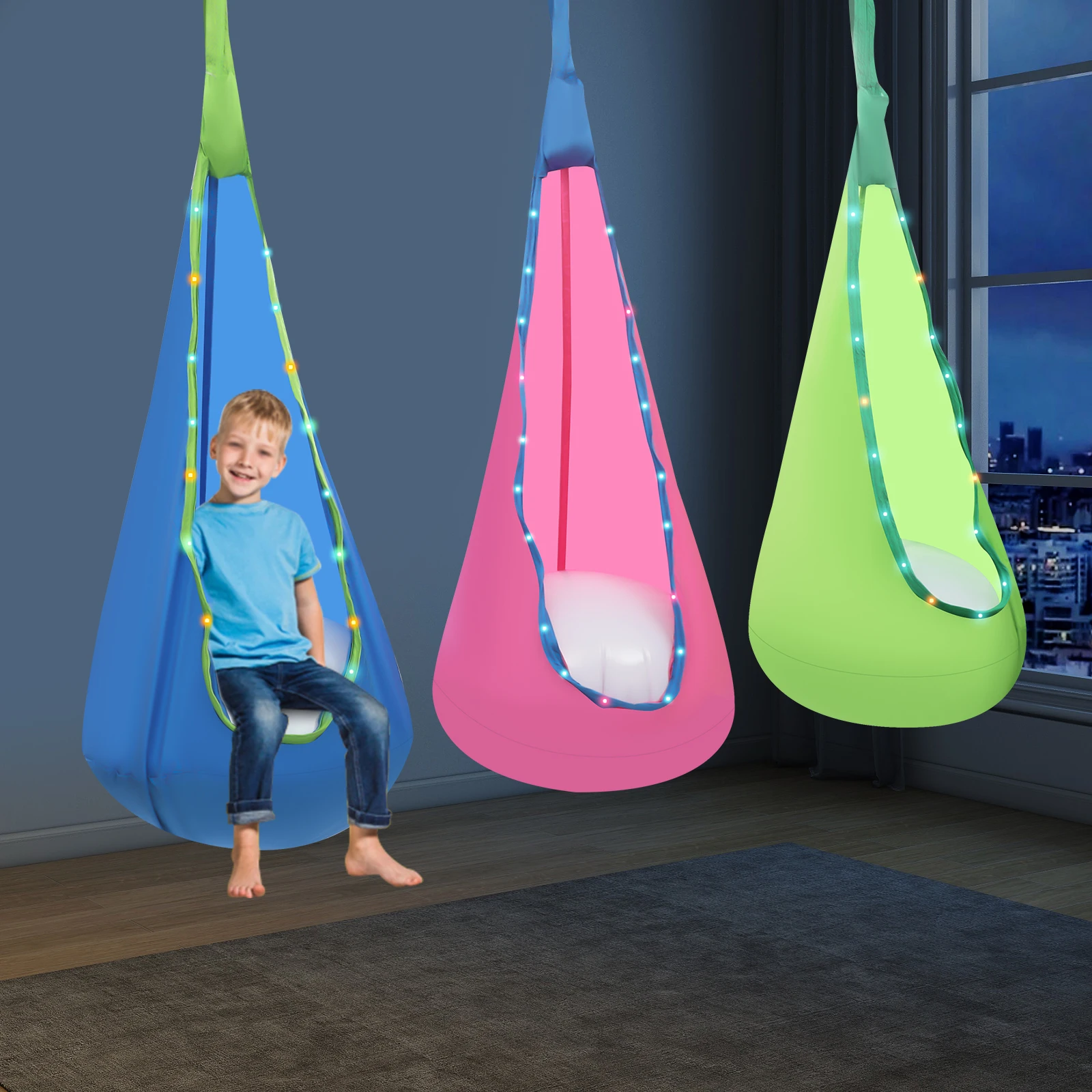 

3Pcs Pot Swing Hammocks Upgraded Kids Hanging Hammock Swing with Remote Controls Lights Swing Chair For Kids Indoor and Outdoor