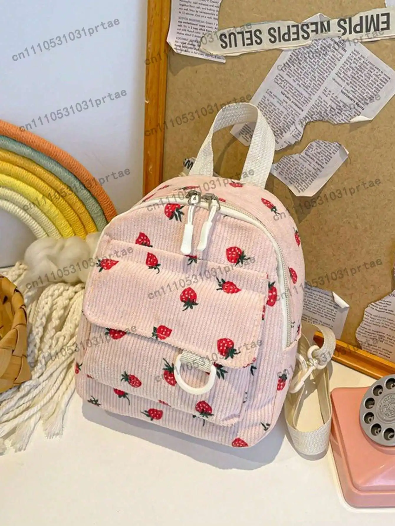 Cute Corduroy Large Capacity Backpack, Suitable For Travel, Spring Outing, School Or As A Small Bag, Random Print Location , Kaw
