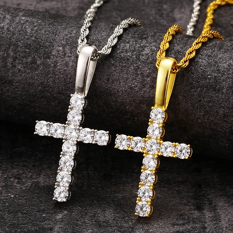 

S925 Sterling Silver Moissanite Set Bling Ice Out Solid Cross Pendants Necklaces for Men Women Rapper Jewelry Gift Drop Shipping