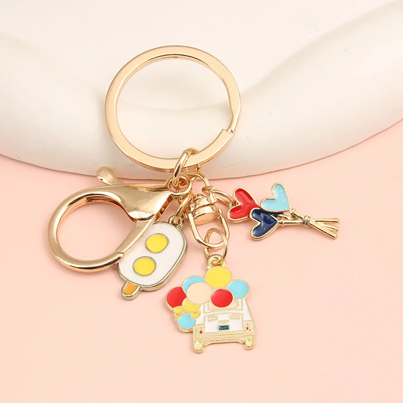 Cute Enamel Keychain Ice Cream Car Heart Balloon Rainbow Key Ring Playground Key Chains Souvenir Gifts For Women Men DIY Jewelry