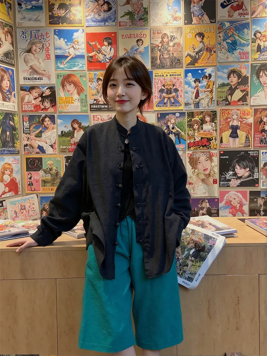 قمصان نسائية بأكمام طويلة وياقة شرقية بلوزة قطنية كلاسيكية سترة مضيئة خفيفة أنثوية فنية تناسب الجميع