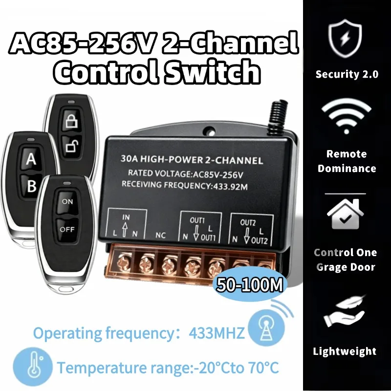 433Mhz Wireless Remote Control Switch AC 110V 220V 30A Relay 2CH Receiver Controller and 2 botton RF433 Mhz Transmitter