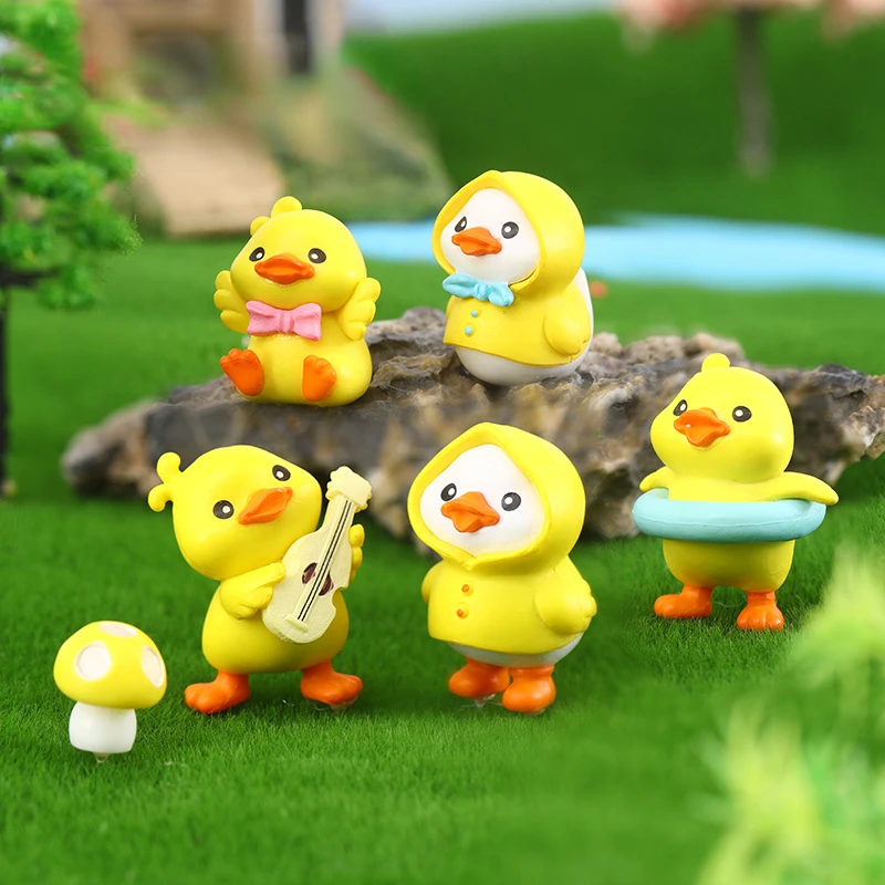 6pcs Umbrella Raincoat Cartoon Duck Mini Ducks Miniature Figurine Ornaments Yellow Ducklings Fairy Garden Terrarium Decoration