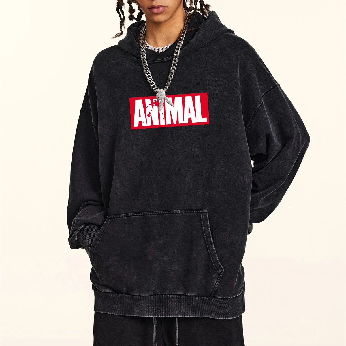 

Classic Animal Letter Hoodie Men Retro Washed Hoodies Street Hip Hop Cotton Pullover Soft Comfort Sweatshirt Oversize Clothing
