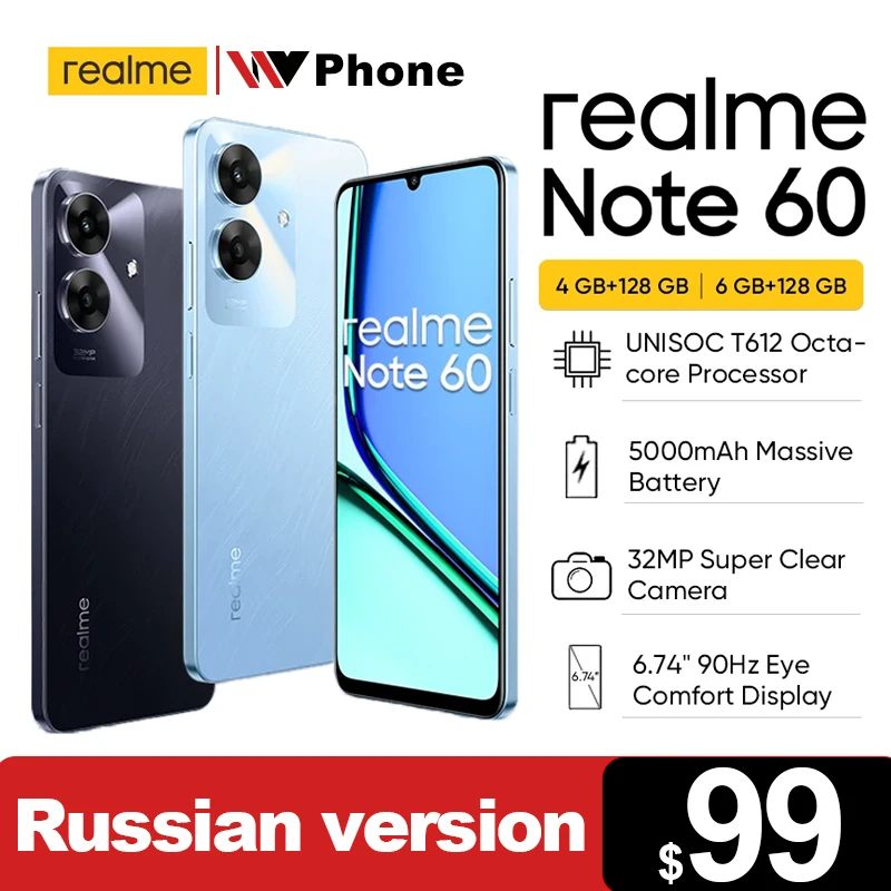 Realme-note 60スマートフォン,32MPカメラ,90Hzディスプレイ,5000mAhバッテリー,128GB,ip64,強力なオクタコアチップセット,6.74インチ