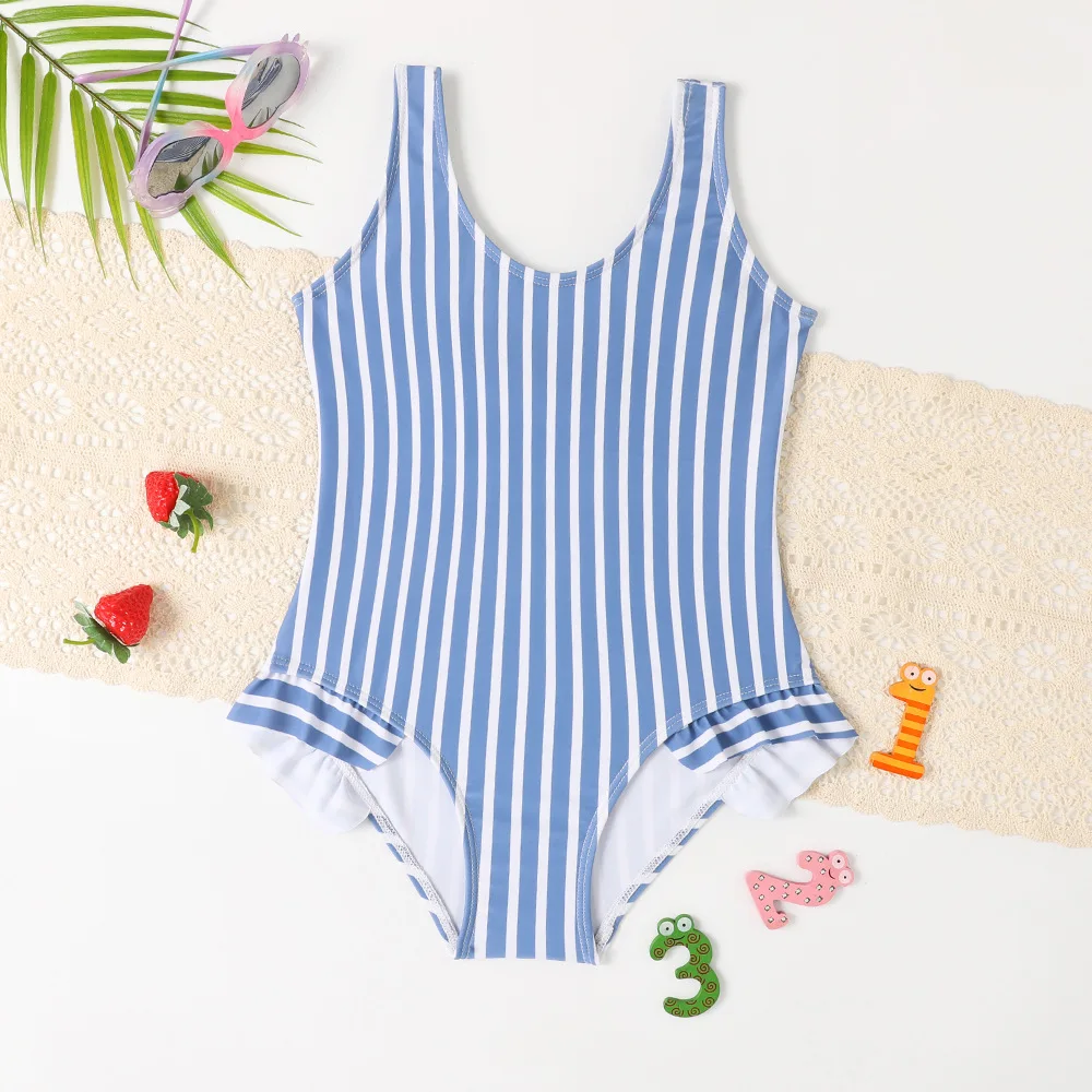 Teenage Girls Striped Ruffle One Piece Swimsuit 7-12 Years Retro Children's Swimwear 2024 Teens Bathing Suits for Kids Beachwear