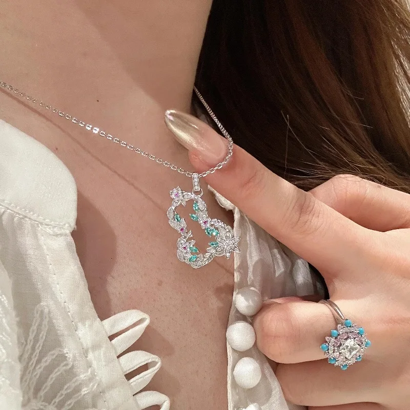 Beautiful and unique Paraiba gemstone floral gourd necklace silver 925 inlay diamond fashion collar chain wedding jewelry