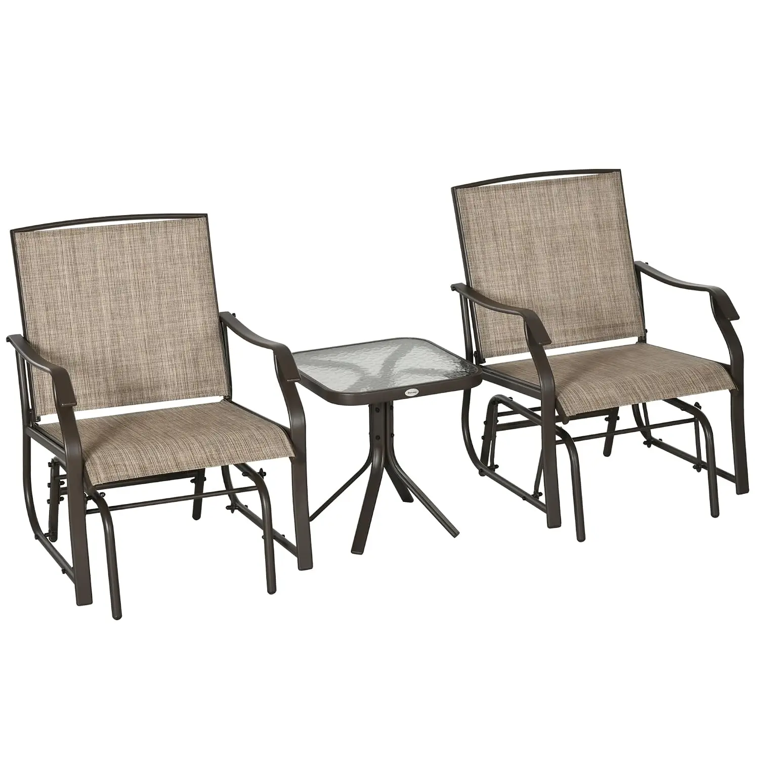 Outdoor Glider Bistro Set 2 Rocking Swing Chairs Breathable Sling Fabric Glass Tabletop Backyard Garden Porch, Customized