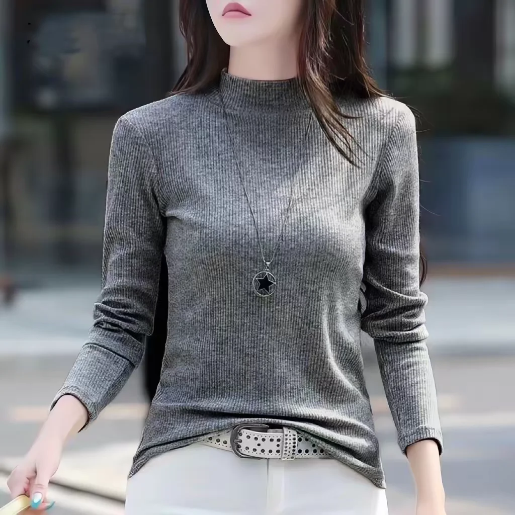 Slim Fit Long Sleeve T-Shirt Women's Autumn Winter Pure Color Fashionable mid Neck Ribbed Base Shirt Commute Style Top