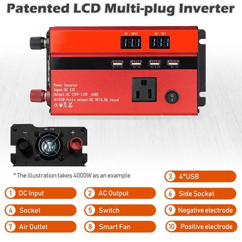 

Car Inverter 4 USB Ports DC To AC Converter LCD Display 3000W Power Inverters For Vehicles Fast Charging Car Adapter With