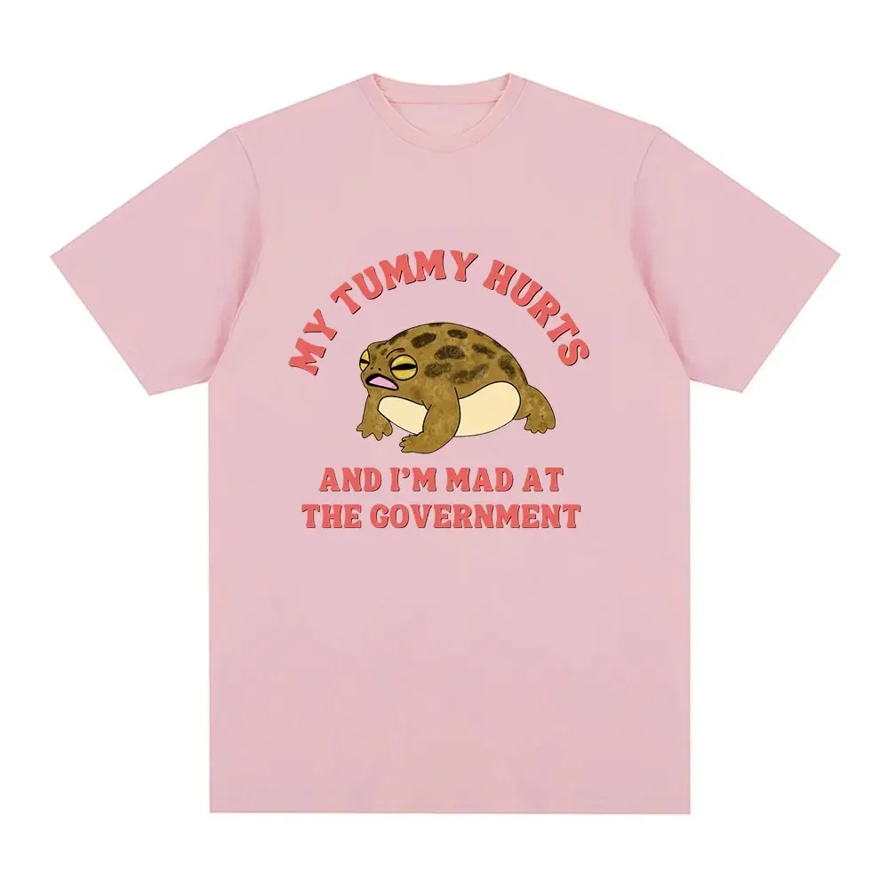 My Tummy Hurts and I'm Mad At The Government Frog Meme T-shirt Women's Fashion Retro Short Sleeve T-shirt Casual T-shirt