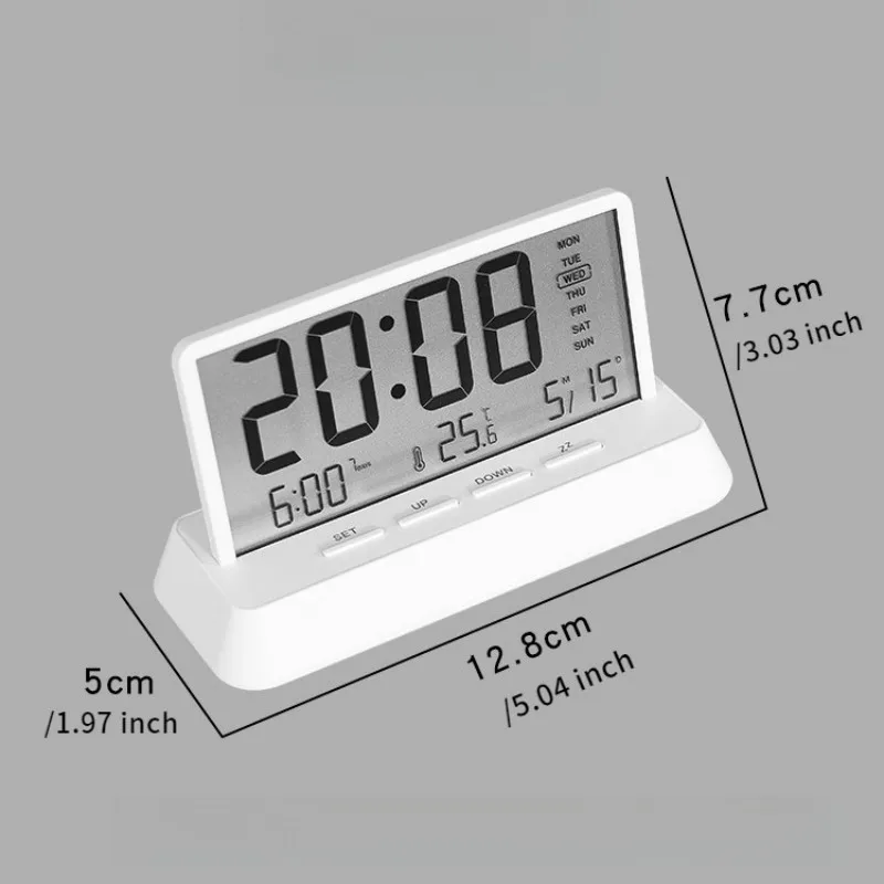 LCD Digital Alarm Clock Transparent Date Week Temperature Display Three Alarms 12/24H Snooze Table Clock Batteries Powered