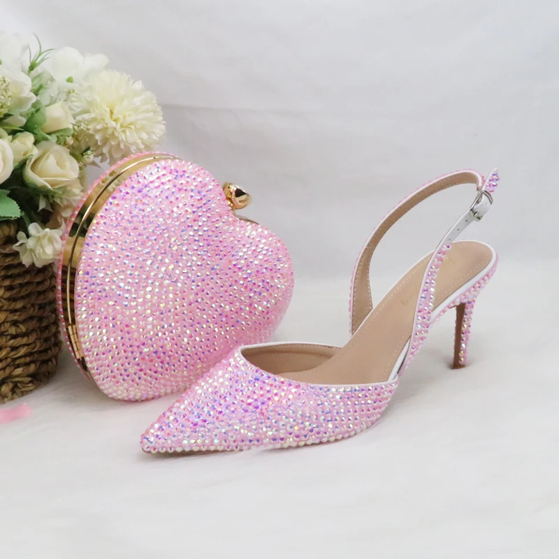 2022 New Arrival Heart Pink AB Bling Pointed Toe Wedding Shoes and bag Woman High Pumps Thin Heel Party Shoes woman Slingbacks