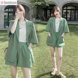 Summer New Loose Casual Elegant Women's Shorts Suit Fruit Green Jacket Shorts Two Piece Set Female Tracksuit Office Leisure Suit