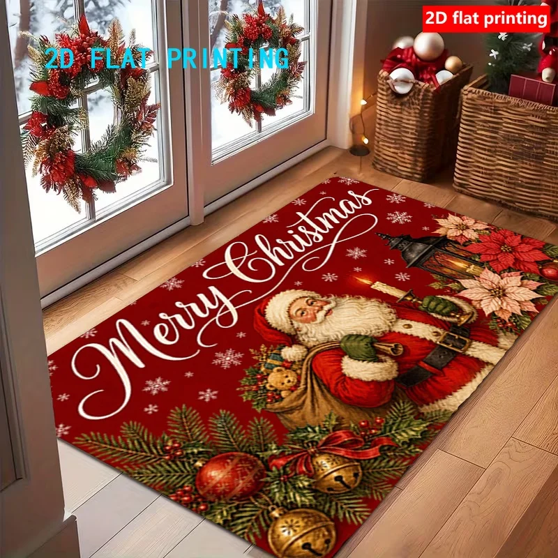 Santa Claus Merry Christmas Red Door Mat Gold Script Text Poinsettia Holly Berry Print Non Slip Washable Rug