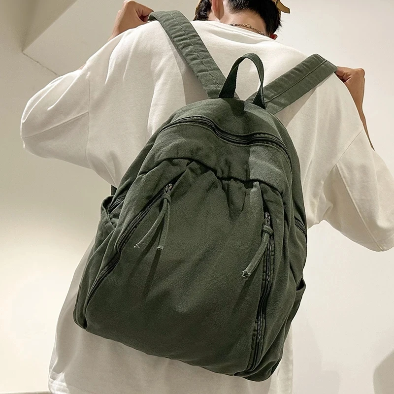 Lovers' Large Travel Backpack Green Canvas Eco-friendly Students Unisex School Rucksacks Multi Pocket Sweethearts Camp Knapsack