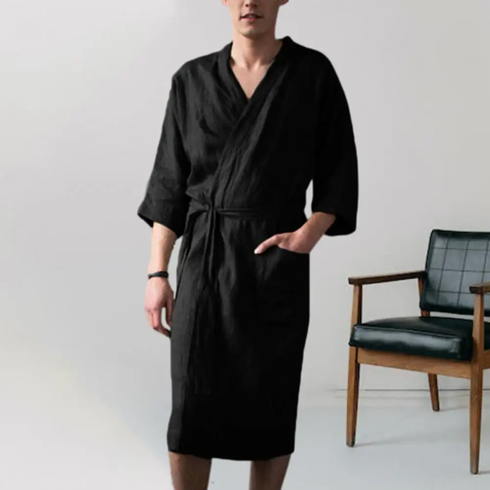 

Adjustable Belt Nightgown Soft Lace Up Men's Bathrobe with Pockets Absorbent Cardigan Style Nightgown for Ultimate Comfort