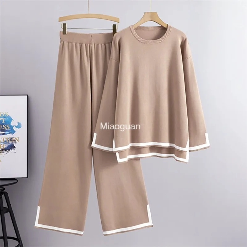 

Elegant Sets for Women 2 Pieces O-neck Side Slit Pullover Long Sleeve Sweater Wide Leg Pant Sets Office Lady Autumn OL Pullover