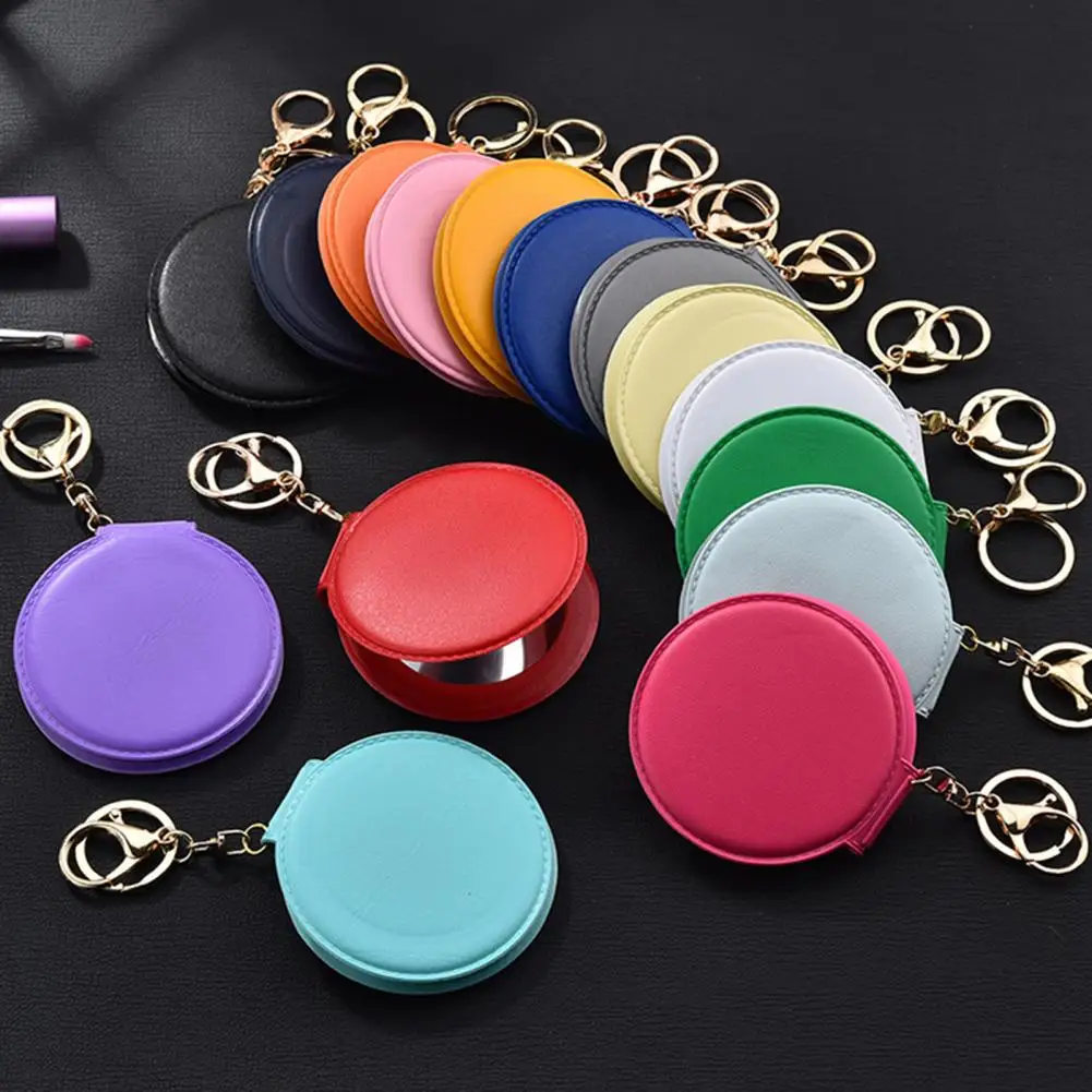 Mini Faux Leather Makeup Mirror Keychain Portable Travel Women Vanity Mirror with Key Ring Double-sided Folding Cosmetic Mirror