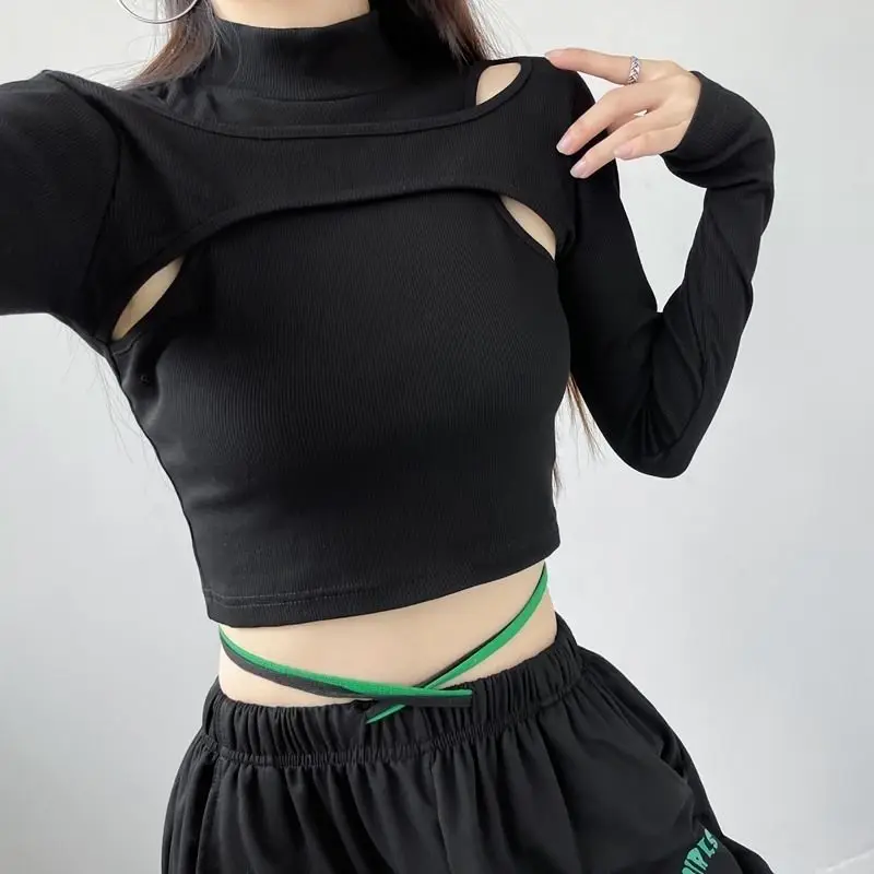 Damen-T-Shirt mit Rundhalsausschnitt, kurzes Modell, Spicy Girl Street Style, hoher Kragen, ausgeschnitten, sexy, schmal geschnitten, Herbststil – Detail 7