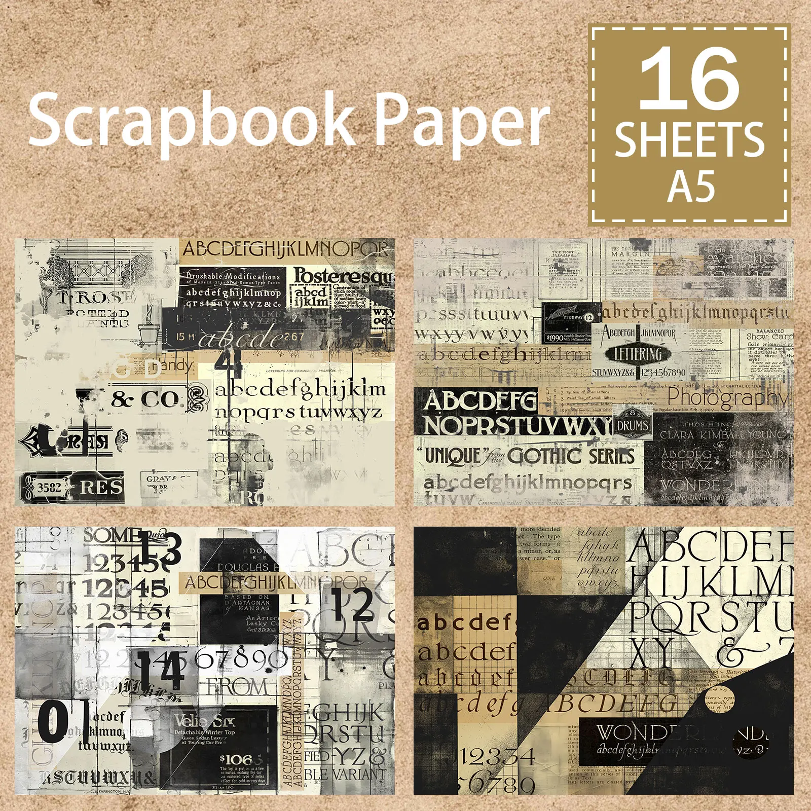 16 ورقة مقاس A5 الحروف الإنجليزية الرجعية والصحف والإيصالات خلفية مجلة الجرونج خمر التخطيط سكرابوكينغ #1