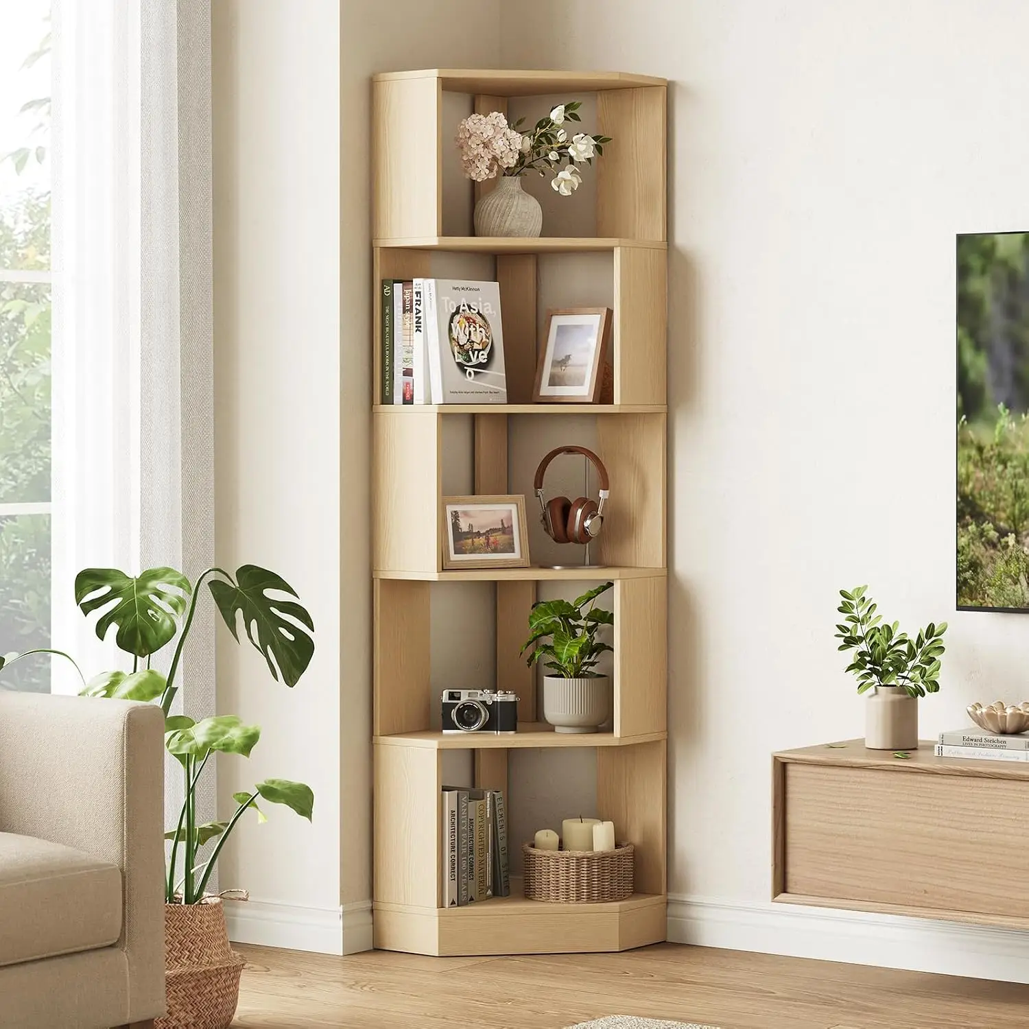 Modern Corner Bookshelf, 5-Tier Wooden Corner Book Case