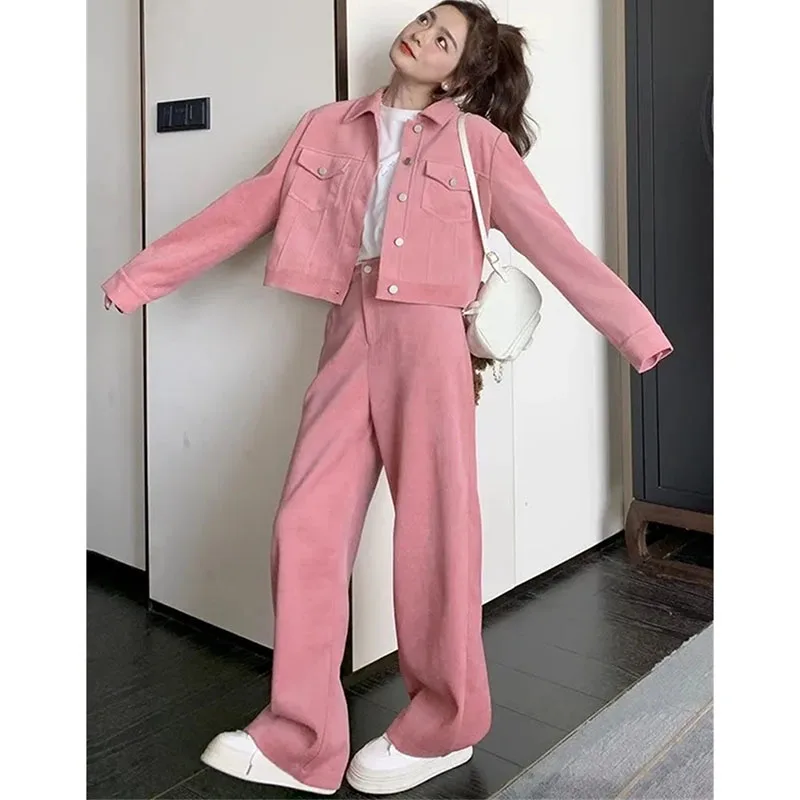 Primavera outono senhoras mangas compridas cintura alta outfit moda feminina conjunto de duas peças doce lazer calças largas perna terno rosa