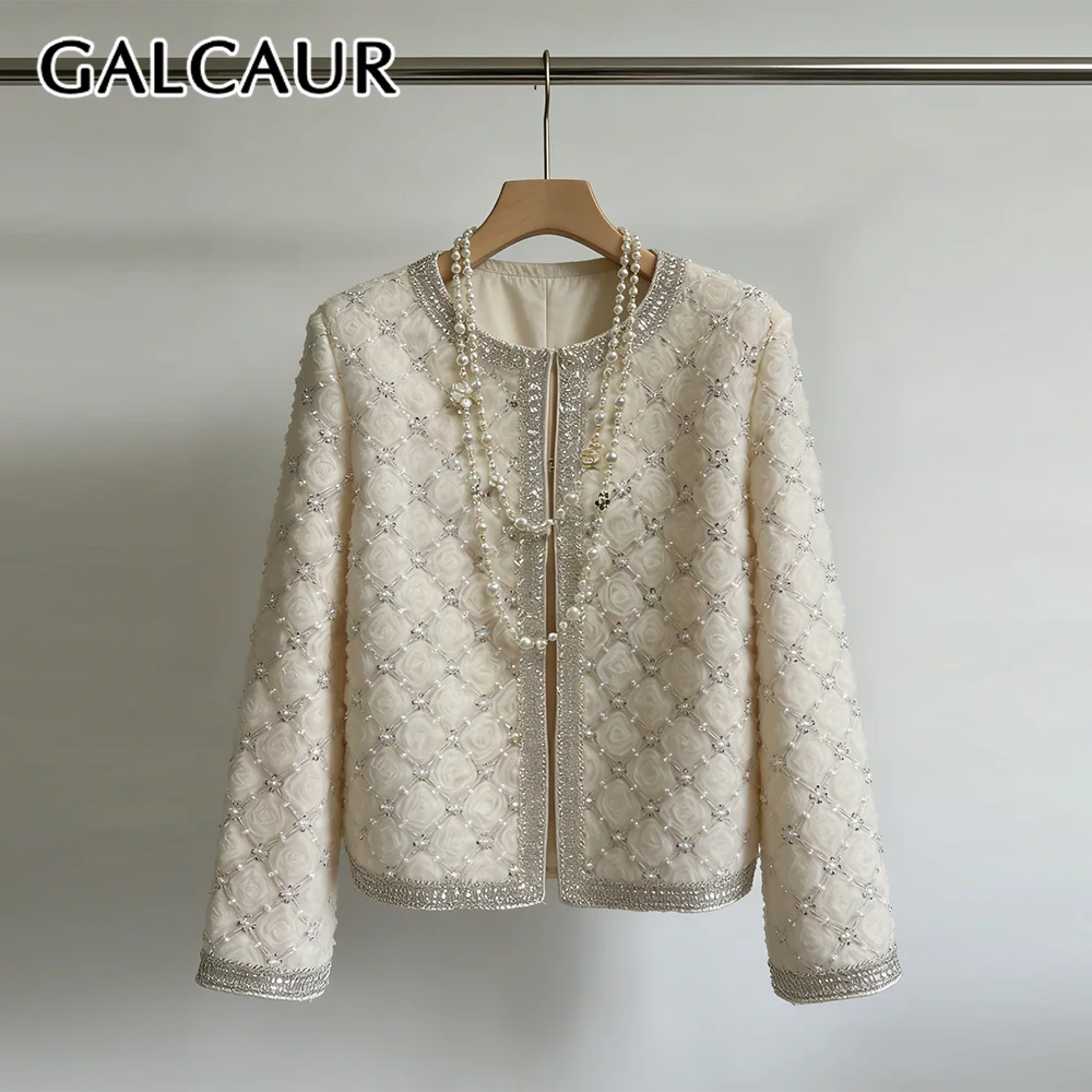 

Женские жакеты GALCAUR с эффектом похудения, с декоративными вставками и бисером, круглый вырез, длинные рукава, пэчворк, пайетки, модный новый стиль