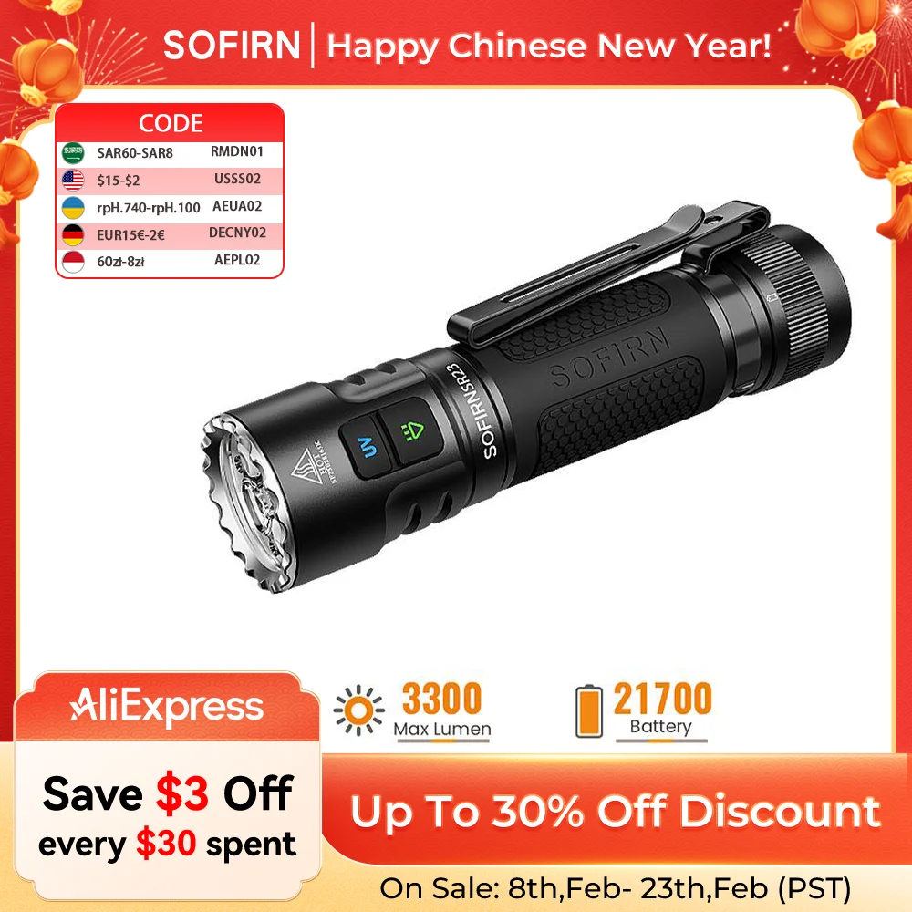 

New Sofirn SR23 EDC 3000LM 6500K Flashlight 365nm UV SST08 21700 Torch USB-C Rechargeable Light With Dual Switch