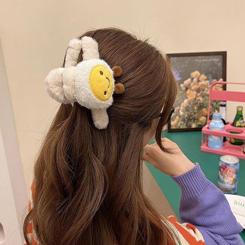 Cute Omelette Plush Grab Clip Large Hair Female Back Head Autumn Winter Hairpin Influencer New Style Shark